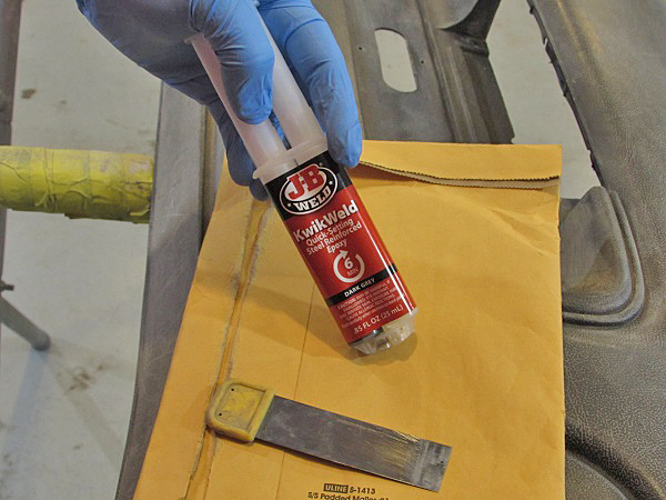 JB Weld Quick Weld works great on metal, fiberglass and plastic. It is metered out in the proper ratios with the plunger. 